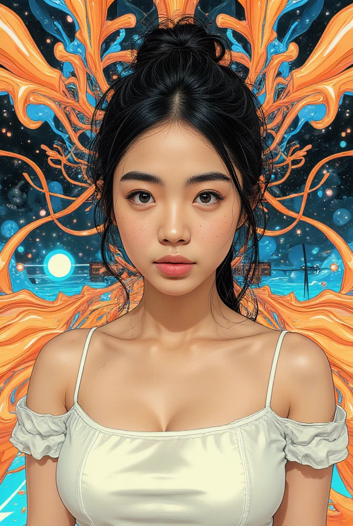 A space picture of a girl and many different inscriptions, for a sex shop on the wall, canvas