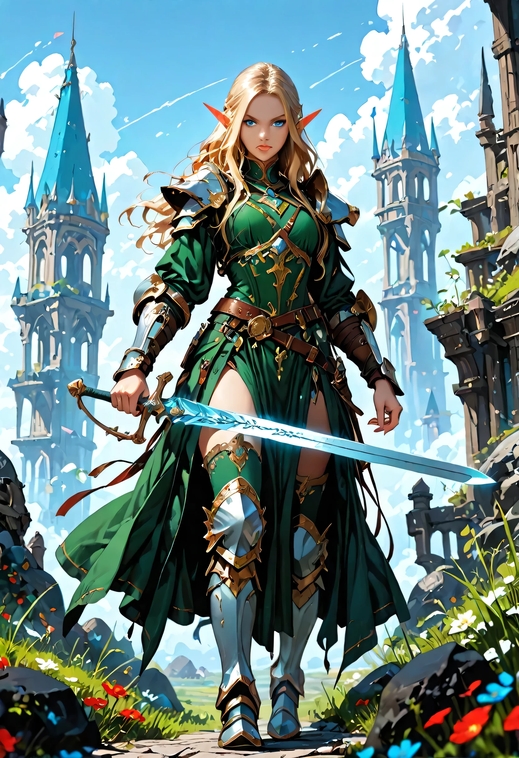 wallpaper of an elf knight, elf warrior, princess knight, shinning knight, ready for battle, female elf (intense details, Masterpiece, best quality), full body ultra detailed face, ultra feminine, fair skin, exquisite beauty, gold hair, long hair, wavy hair, small pointed ears, dynamic eyes color, wearing heavy mech armor, shinning metal, armed with elven sword, green meadows, blue skies background and some clouds, depth of field, high details, best quality, 16k, [ultra detailed], masterpiece, best quality, (extremely detailed), photorealistic, , fantasy art, dnd art, rpg art, realistic art, a wide angle, (intricate details, Masterpiece, best quality), full body (intricate details, Masterpiece, best quality), high details, best quality, fantasy, glowing, ember