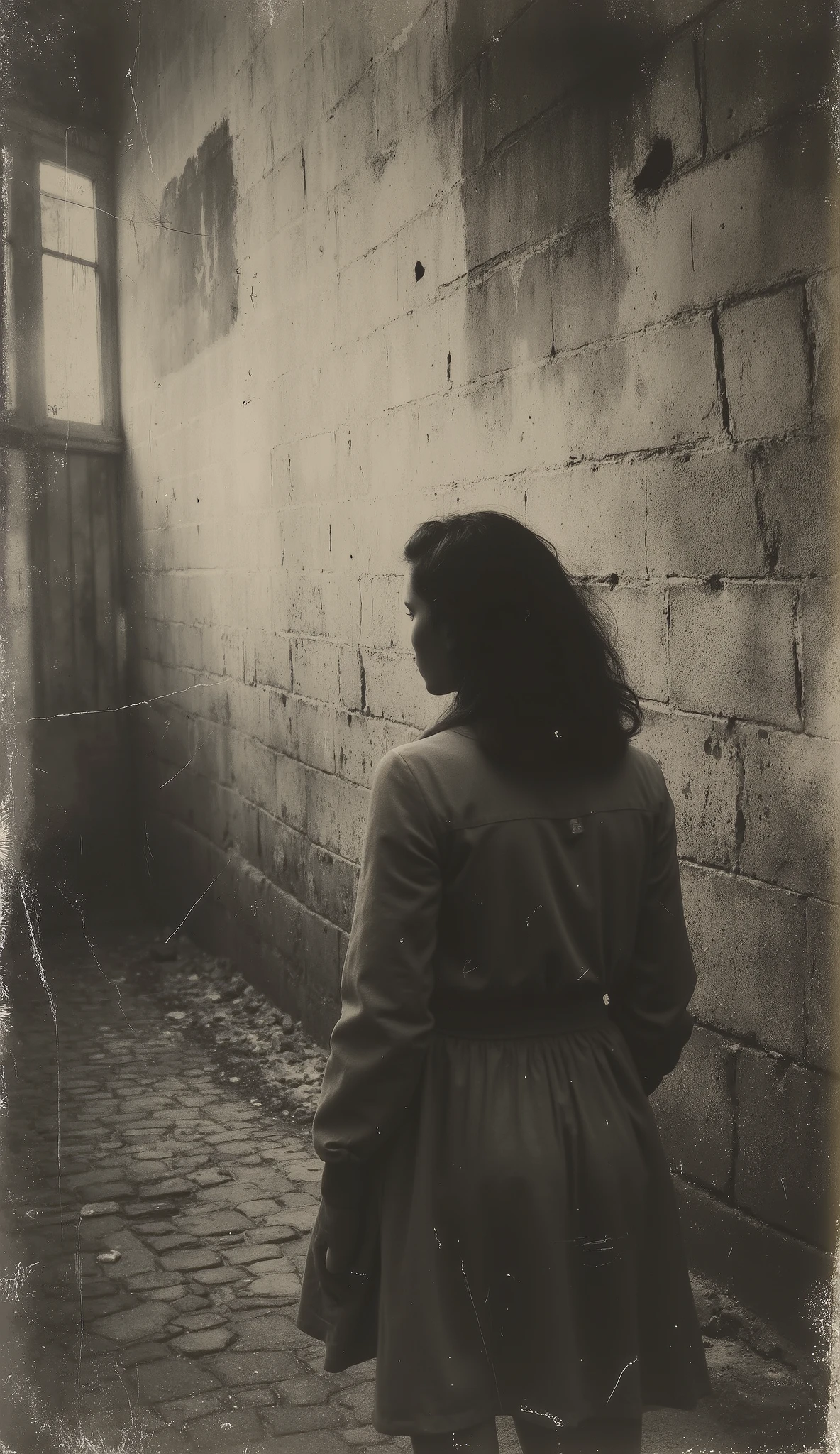 Spirit of a woman wanders through eternity looking for her beloved. Era: 1933. discolored old photo, sepia, deep shadows, mysterious atmosphere, masterpiece, highest quality tattoo, super detailed theme, ultra high resolution, 8K.