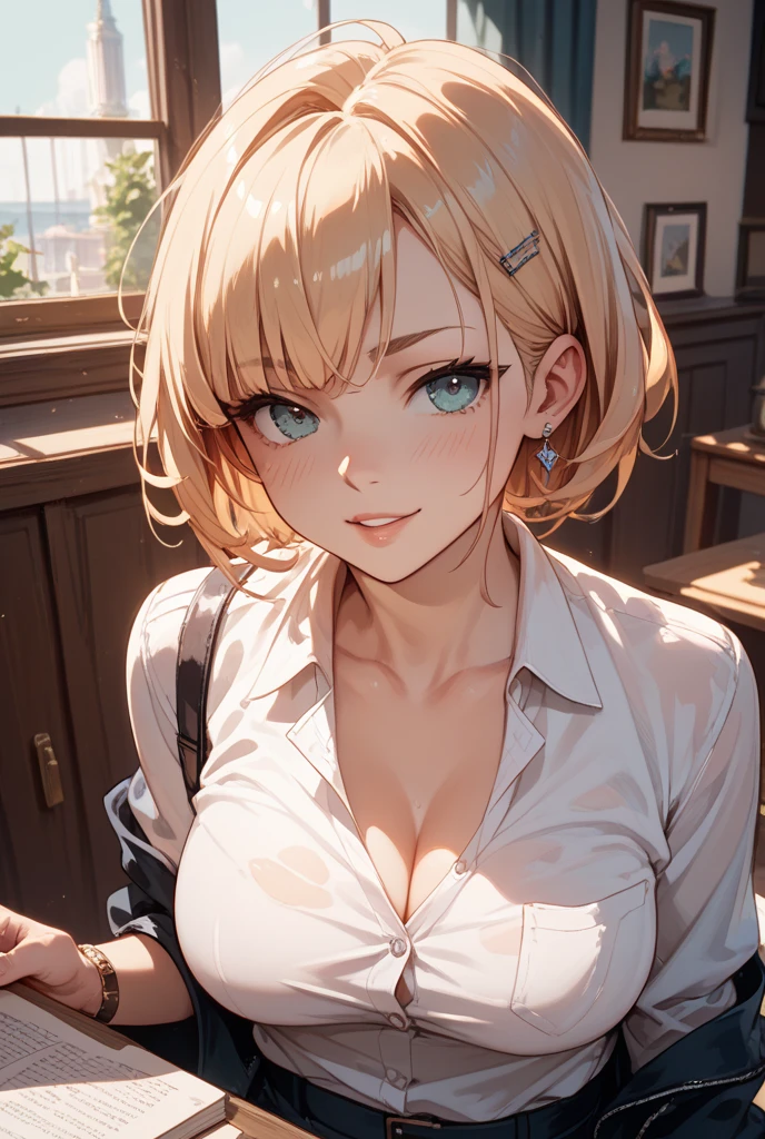 irohaisshiki, iroha isshiki, long hair, brown hair, (brown eyes:1.5), Take a selfie from above your head,with left hand, He opened the collar of his shirt to show his cleavage...,smile, smile, open your mouth,short braided hair,ponytail,blush,smile,Maid clothes,Medium chest,she was wearing a miniskirt, black pantyhose, sitting cross-legged on a chair,Make sure the whole body is included in the illustration,
break indoors, coffee shop,
break looking at viewer,
break (masterpiece:1.2), highest quality, High resolution, unity 8k wallpaper, (shape:0.8), (fine and beautiful eyes:1.6), highly detailed face, perfect lighting, Very detailed CG, (perfect hands, perfect anatomy),