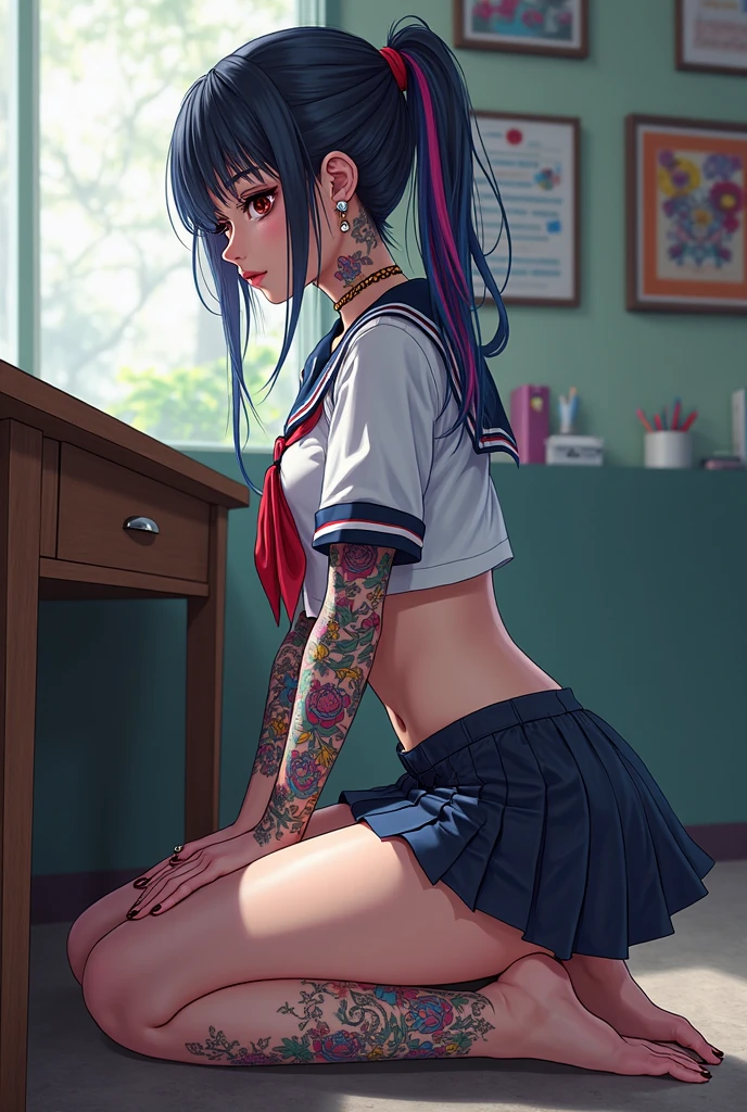 Schoolgirl, emo teen, dildo in mouth, stands on all fours, Ahegao face, panties, thong, секси thong, Background room, seductive girl, perfect ass, ideal figure, has an orgasm, marks after blowjob, 17 years