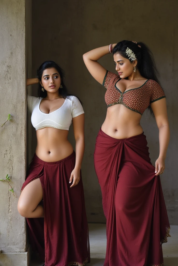 HD wallpaper 32k cinematic shoot of a Beautiful cute girl, with thick thighs and a curvy waist, twin braids, wearing a Lehenga choli, horny, seductively, smiling, ((lowwaist)), ((((standing beside a man))), (((standing beside a man)))