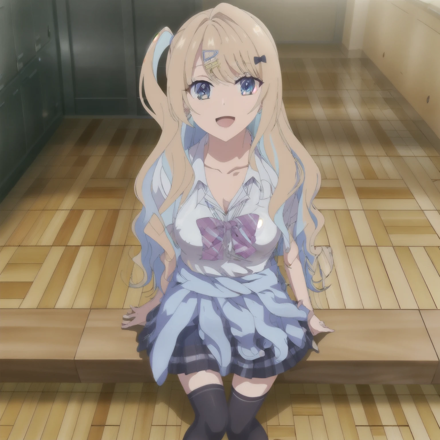 masterpiece,highres,high quality,extremely detailed,solo,
looking at viewer,smile,open mouth,
RunaShirakawa,1girl,
one side up,side ponytail,
wavy hair,
hair ornament,hairclip,
stud earrings,
school uniform,collared shirt,short sleeves,loose bowtie,
sweater around waist,
pleated skirt,
zettai ryouiki,thighhighs,