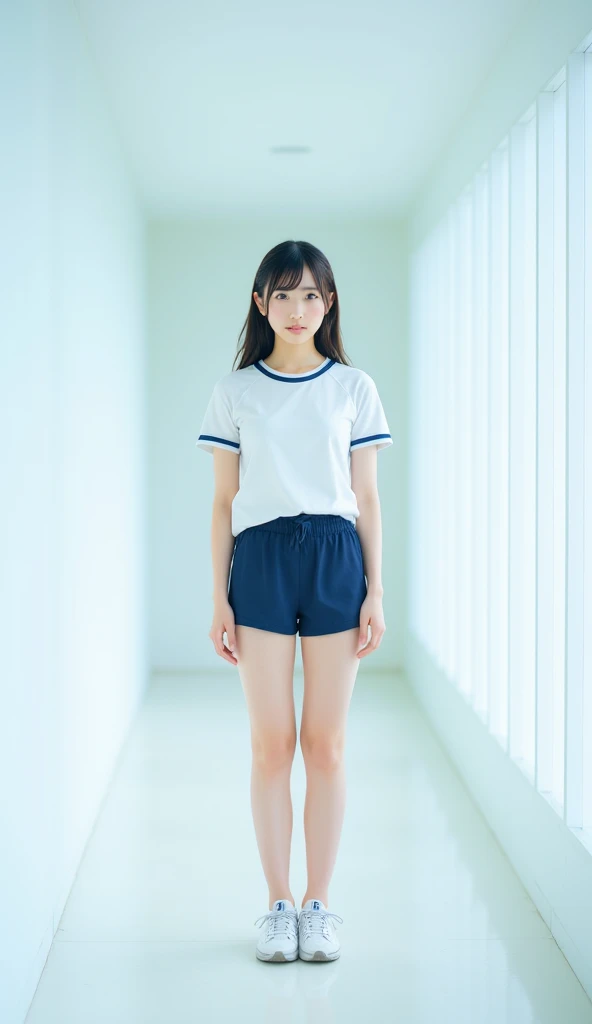 muste piece, Top quality, 8K, 15 years old, japanese girl, slender, Raw photo, absurd, award-winning portraits, (detailed face, shy smile), solo, Transparent white T-shirt made of very thin material、 sailor uniform, short sleeve, idol face, super mini skirt, knee high socks, slim legs, shoes, whole body shot from the bottom of the stairs, whole body shot from a Low - Angle, detailed face), refreshing shy smile, slender girl, Golden short-cut hair, dark eyes, whole body, digital single lens reflex, look at the viewer, Frank, sophisticated, like々New, perfect whole body balance, (Low - Angle), professional lighting, (Eye and face details: 1.0), (It's blurry: 1.1)