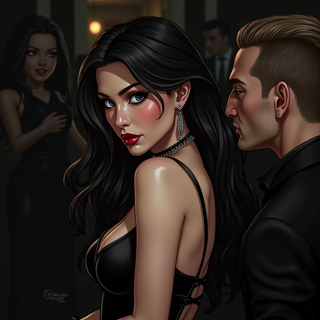 handsome dark hair man smoking a cigarette (bad boy vibes), next to him a sexy woman bending her ass towards him and showing her tongue. behind them (left over) a man who gives nice guy vibes