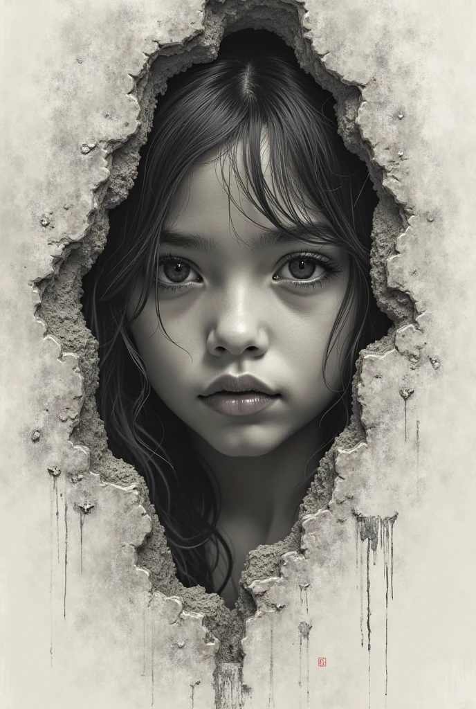 (Pencil_Sketch:1.2, messy lines, greyscale, traditional media, sketch),1 European girl，1 eyes，(A slanted broken wooden door with only a slanted gap，The girl&#39;s eyes are exposed through the crack of the door)，These are the traces of her battles。aggrieved look，in tears，Showing her fear and cowardice。Every detail about her makes us curious about her story，blue，red palette，Strong contrasting colors，