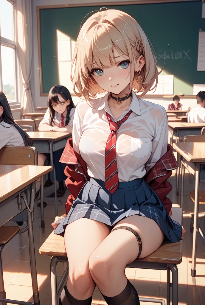 Billie Eilish, masterpiece quality, (masterpiece quality:1.3), high res, realistic, lots of detail, alone, 1girl, (1girl:1.9), solo, in a college classroom, in a classroom, college students in background, chalkboard in background, long hair, platinum hair, (platinum hair:1.5), wearing college uniform, wearing choker collar, topless, (bare breasts:1.9), wearing red plaid skirt, (miniskirt:1.5), bare legs, (bare legs:1.5), thin body, small breasts, (small breasts:1.5), lots of cleavage, worried, (worried face:1.5),