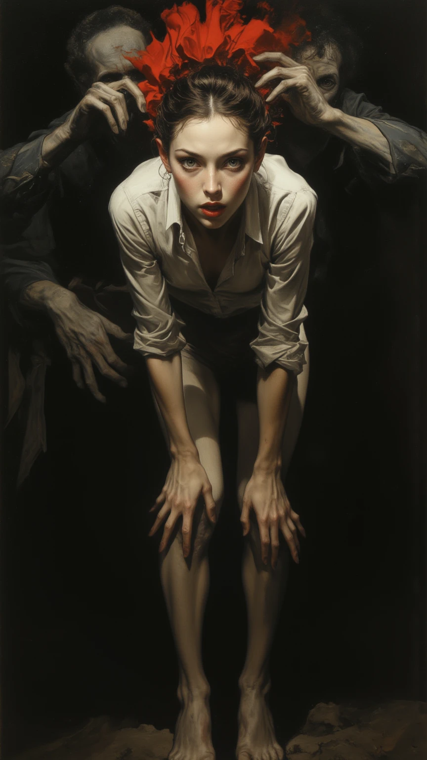 "(The best lighting, alto contraste, oscuro, dramatic),(Chica rubia junto a una cabra negra gigante, Open the rib cage, feto, autopsia, huesos humanos, sangre por las paredes). Luz Caravaggio"