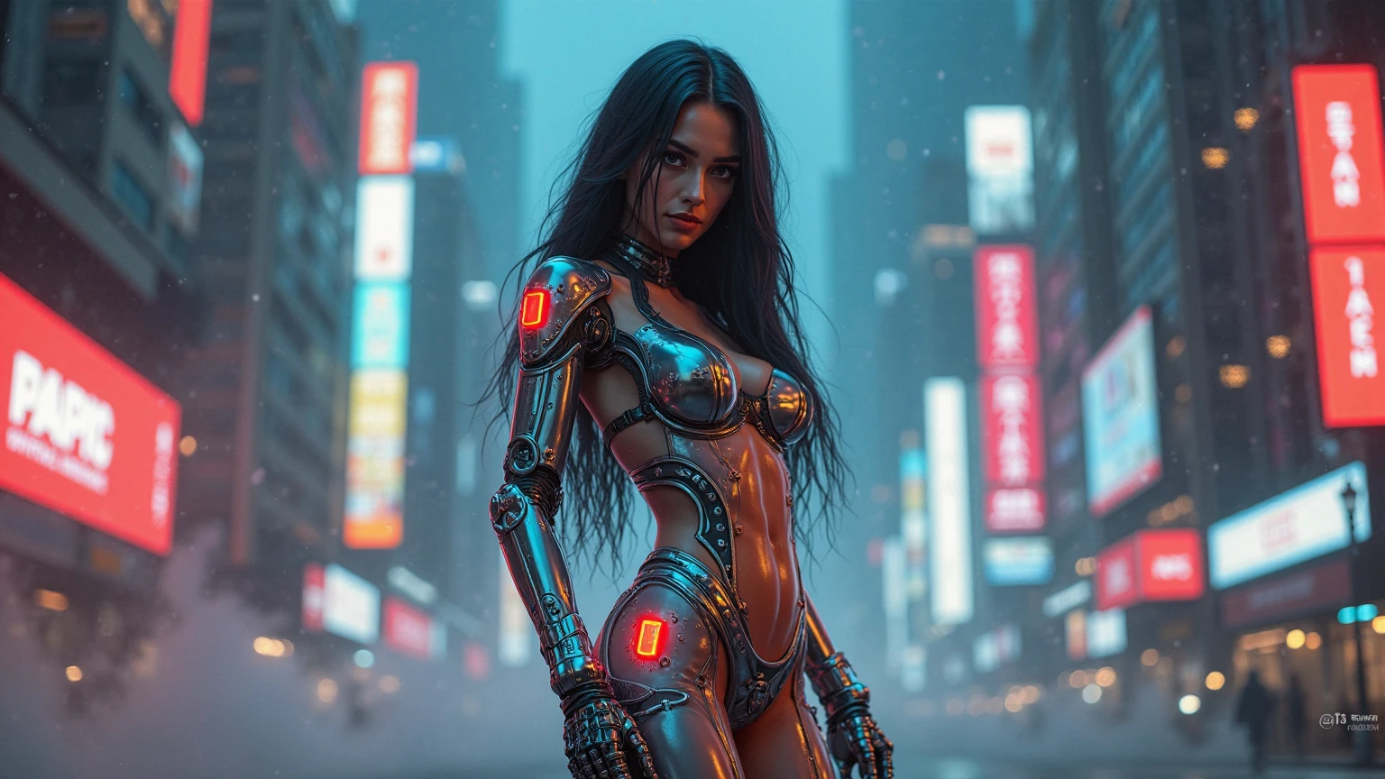 (masterpiece, photorealistic:1.4, extremely intricate:1.3), (photon mapping, radiosity, physically based rendering, ultra resolution, hyper-realistic, 8K), (((((teenage female, [bodybuilder:supermodel:0.4], [large breasts:huge breasts:0.3], chrome rivets, ((white snakeskin leather vest, upper torso, humid, playful, mechanical cyborg arm, weapon), topless)), smirking, tattoo:1.4, 19 years old, elegant:1.2)), hands in white leather pants pockets, long eyelashes, ((makeup:1.2, red lips)), [skin detail:freckles:0.8]), (((((background futuristic neon cyberpunk city street cyberpunk))))) professional photograph, (((long straight hair [black hair:bright orange hair:0.8])))), BREAK ((sharp focus, dramatic, award winning, cinematic), bokeh, blurry background, interaction, metal reflections), bright eyes