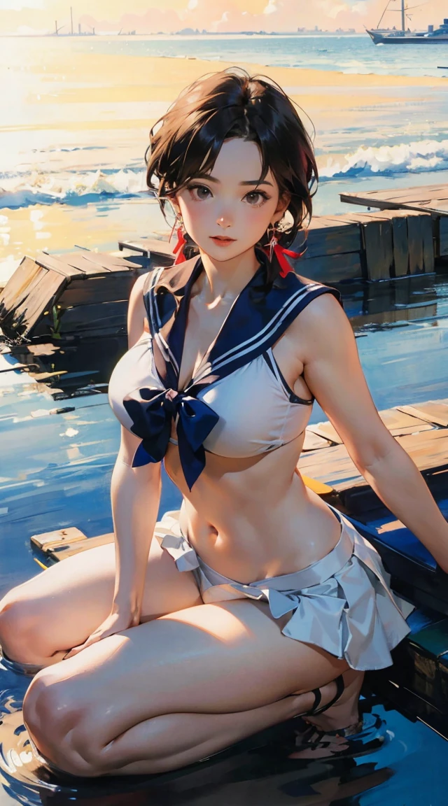 (((toppless))), (((Show off ))), (((Showing off the legs of the spread tread))), (((large full breasts))), (((show off cleavage))), extremely detailed CG unified 8k wallpaper, very fine 8KCG wallpaper, (masterpiece, Best Quality), High resolution, Ultra-detailed, ultra-sharp, 1 girl, full ,Naked, in beach, ((( Light sailor shirt, Sleeveless, Open front))), (((Navel ))), (((Sheer Micro Mini Skirt))), (Beautiful face, Cute face, Detailed face), (((Detailed beautiful eyes))), BREAK, (((Sunny))), Perfect Eyes Eyes