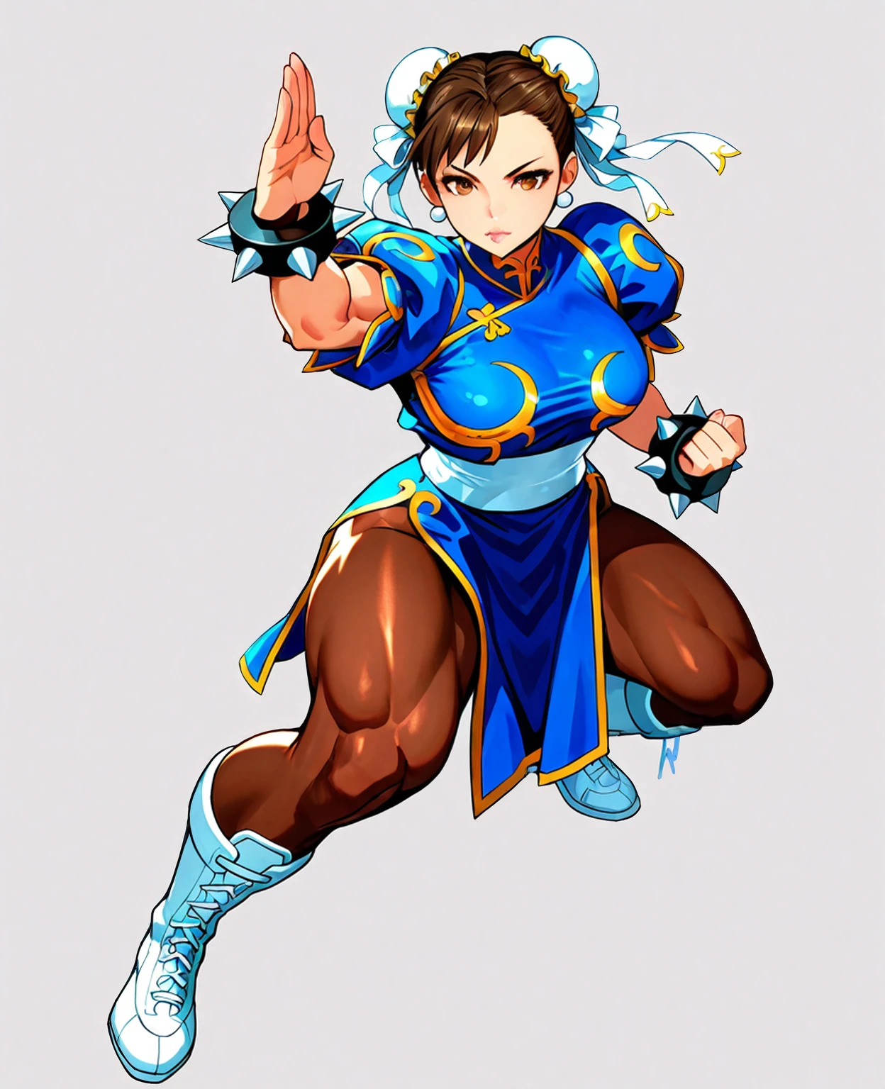 in kinu-sensei artstyle, Kinu Nishimura style, muted pastel colors, medium breasts, Chun-Li, Chun-Li, the iconic character from the Street Fighter video game series, stands at the forefront of the composition. Her dynamic pose suggests imminent action—a leap or a powerful kick. Here’s a breakdown of the details: Character Description: Chun-Li: A strong, agile fighter, Chun-Li is instantly recognizable by her signature blue qipao (a traditional Chinese dress) with golden accents. She embodies grace and power. Costume: Her qipao features slits on both sides, allowing of movement. The fabric flows around her as she prepares for combat. Footwear: White boots with similar side slits complete her ensemble, emphasizing practicality and style. Hairstyle: Chun-Li’s hair is styled in “ox horns,” two high buns adorned with white ribbons. Golden hairpieces resemble spiked bracelets, adding flair.