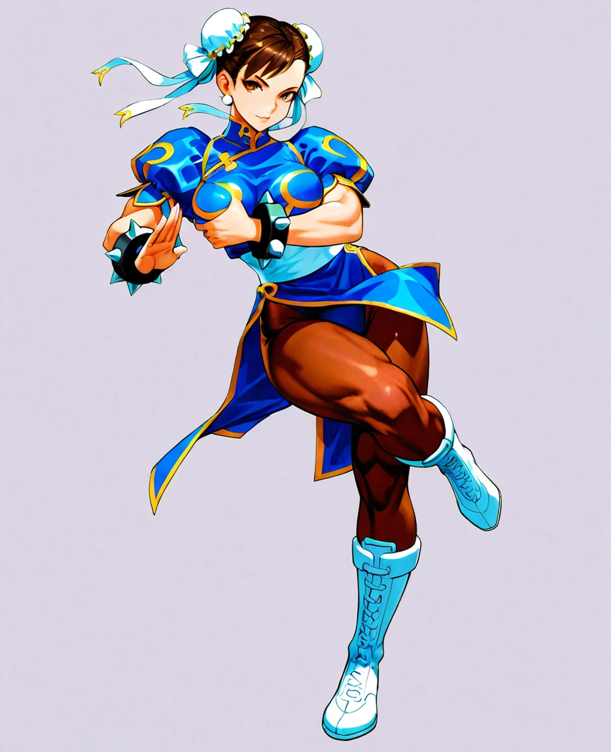 Show entire body, feet in view, Chun-li, classic chin-li hairstyle, blue classic chin-li outfit with dark brown pantyhose, karate kick