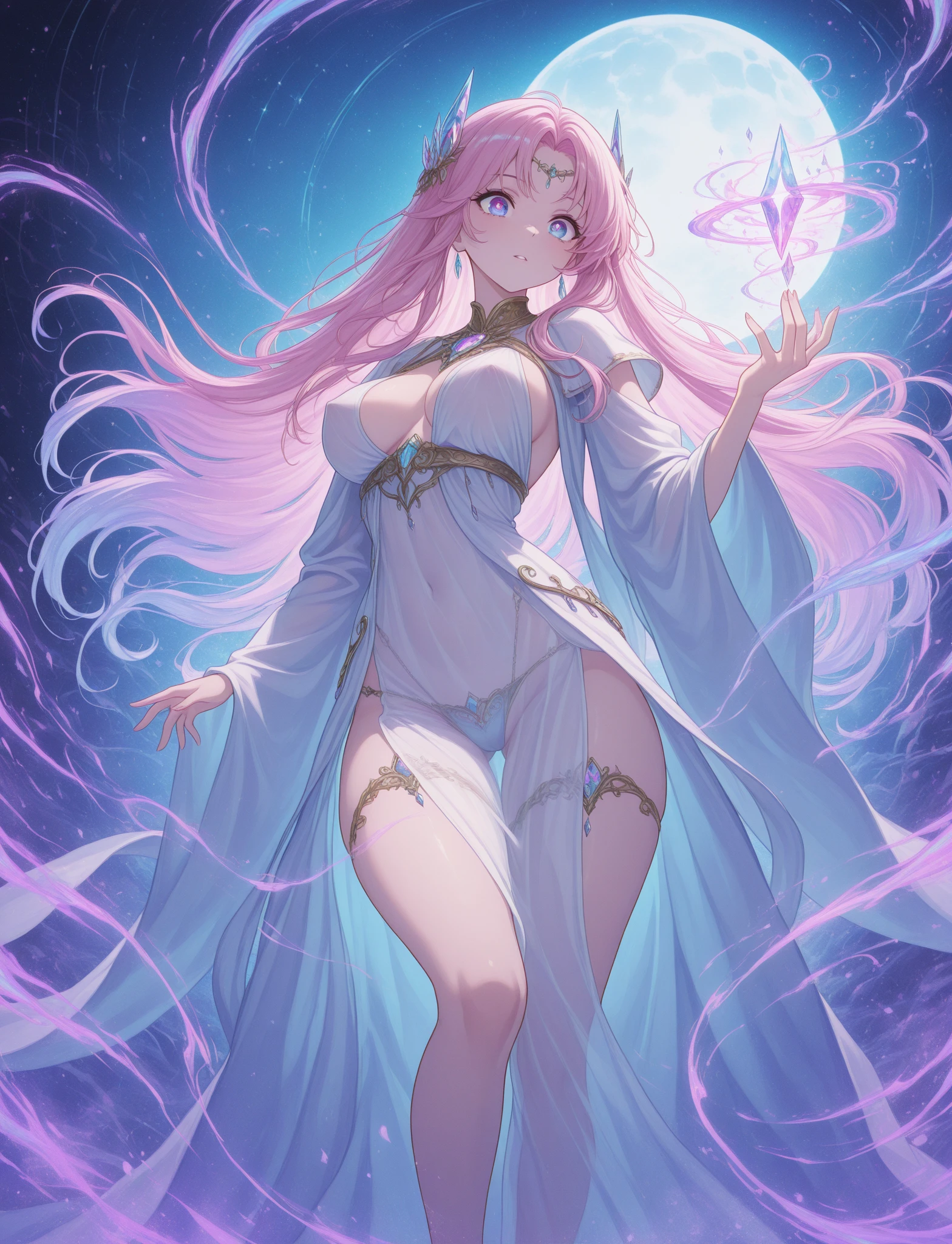 1girl, detailed, masterpiece,HDR, detailed sharp, best quality,
solo,
comic style, lineart,
looking at viewer,
Priestess_Dg,very long hair, pink hair, freckles, dark skin,symbol shaped pupils, thick eyebrows,yellow eyes, forehead jewel, makeup,
long skirt, detached sleeves, no bra, underboob,
magic, electricity,
glowing eyes, glowing, floating hair,
barefoot, full body,
large breasts,
<lora:Priestess_DG_v01-000002:0.80>