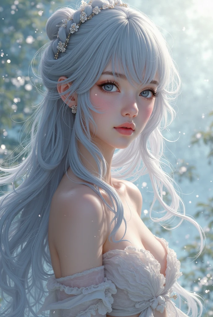 (best quality, masterpiece:1.2), ultra-detailed, (realistic, photo-realistic:1.37), portrait, female, beautiful, maturing, lovely, detailed face, blue eyes, rosy lips, porcelain skin, long flowing hair, feminine features, delicate flowers, pure white dress, aesthetic clouds, sparkling water, colorful palette, photorealistic, soft lighting, partially underwater shot, 4k, 8k, highres, masterpiece, award winning
