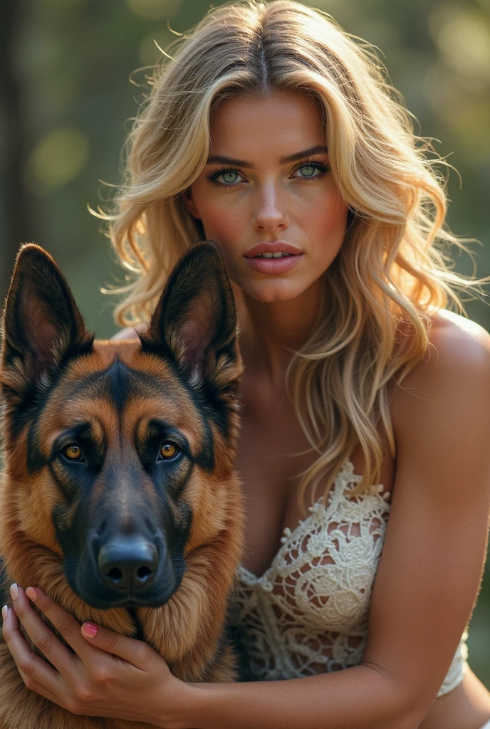 Brunette woman with blonde highlights with a doberman on his feet that looks like sophie mudd realistic