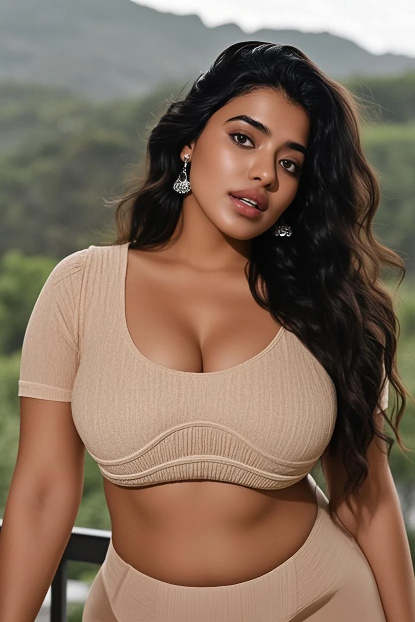 ((Best quality, 8k, Masterpiece :1.3)), 1girl, 23-year-old Indian woman with emphasis on her curvy physique and large breasts: 1.3, (long, lush curls: 1.2), vibrant cotton top with eye-catching patterns: 1.2, ultra-delicate face, detailed eyes with a hint of kohl, a radiant smile, urban setting (lifelike, high - resolution:1.3), 1 girl of Indian descent with a voluptuous figure, Super fine face and eyes, long, curly hair: 1.2, cotton top and pants of vibrant colors: