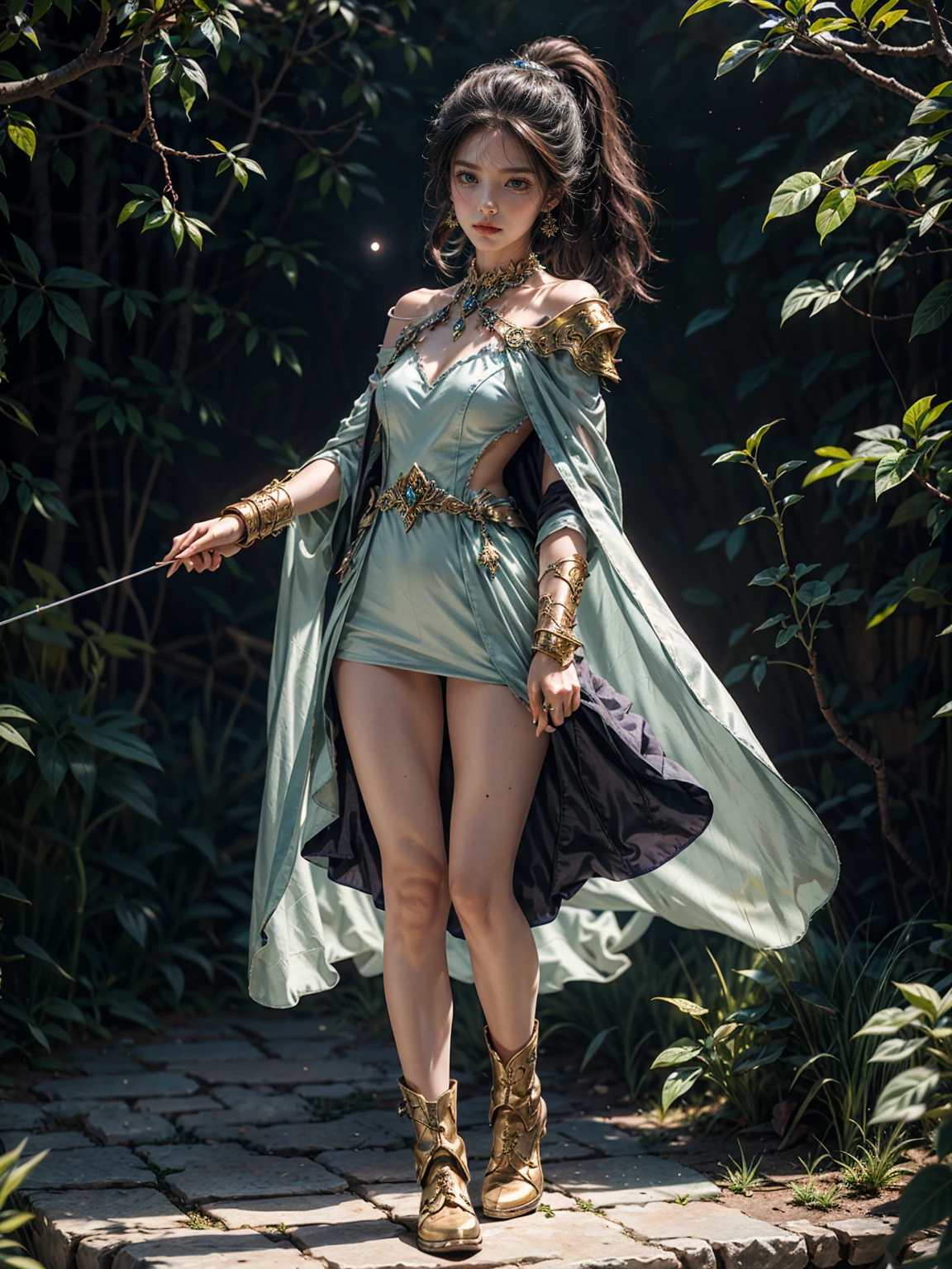 A sword-wielding woman dressed in cyan gauze was sitting upright on the back of the white horse，Her soft black hair is neatly coiled by a gold-handled hairpin，Only a few strands of blue silk are left on the sideburns，Skin like snow，The dignified face has delicate facial features，Beautiful eyes flow，He was constantly looking at the group of soldiers around him，And the two huge pieces of beautiful fles? on the chest are rising and falling with gentle breathing, pushing out the cyan gauze robe a little，Under a light green silk skirt，Step on a pair of red silk and gold shoes，Behind his waist was a Blue Creek scabbard，But gently propped up by her plump fat buttocks。Although this woman has a hot figure，plump and inviting，But the whole person exudes an inexplicable cold temperament，Quite majestic,