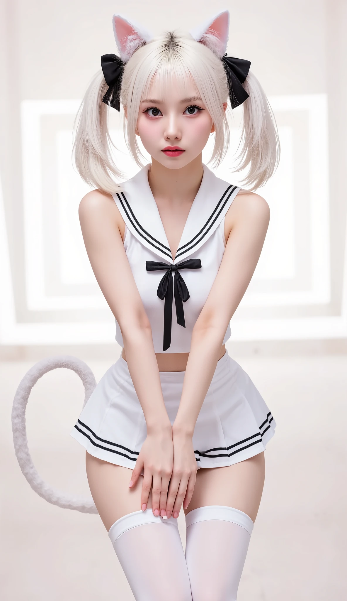 (masterpiece, best quality:1.2),illustration,8k,HD,1 girl,alone,animal_ears,Cat_ears,bow,long_hair,hair_bow,white_hair,Bangs,Moderate_breast,Black_bow,ribbon,direction,Double tail,animal_ear_fluff,Red_Eye,hair bow,navel,white thighhighs,sleeveless tops,sailor collar,mini skirt,arm ribbon,