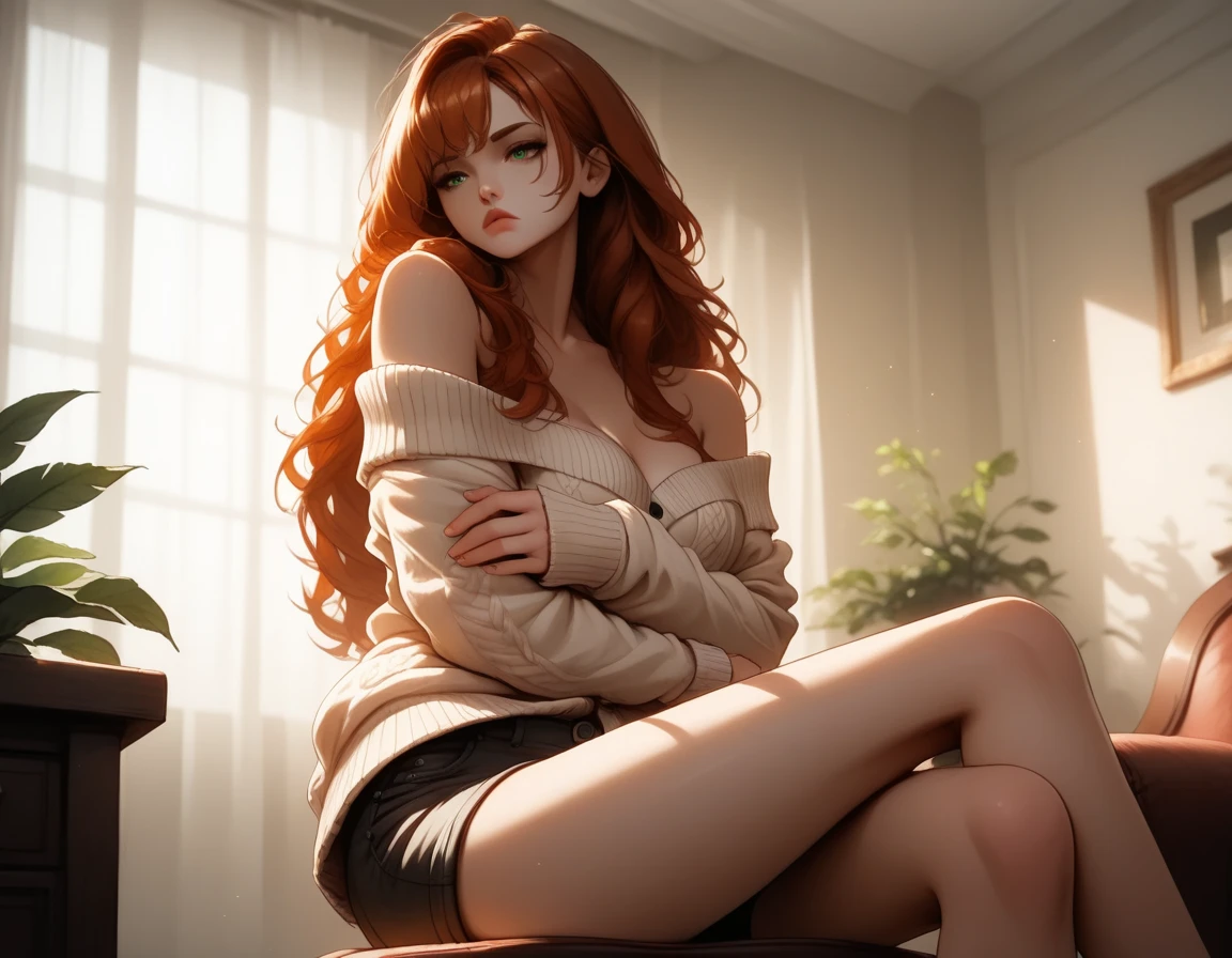 (Best quality, masterpiece, ArtStation, Fantasy Art:1.2), a beautiful cute girl, garden balcony, (long messy ginger hair:1.1), (long black t-shirt, bare legs:1.2)