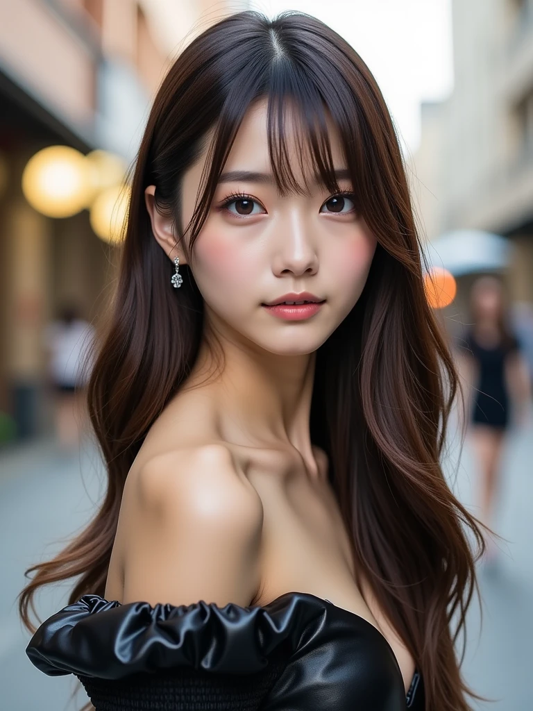 super high quality, (8k, RAW Photos, highest quality, masterpiece:1.2), Fashion Model, Slender, Japanese gal, Serious expression, brown hair, Stylish, Fashion magazine shooting, ultra-detailed, perfect face, perfect symmetrically perfect eyes, perfect full lips, flexible female form, Realistic, Photorealistic:1.3, Beautiful Face, light brown hair, messy hair, Beautiful hairstyle, cleavage, Neat clothes, (smile), (wearing clothes:1.3), (fullbody)