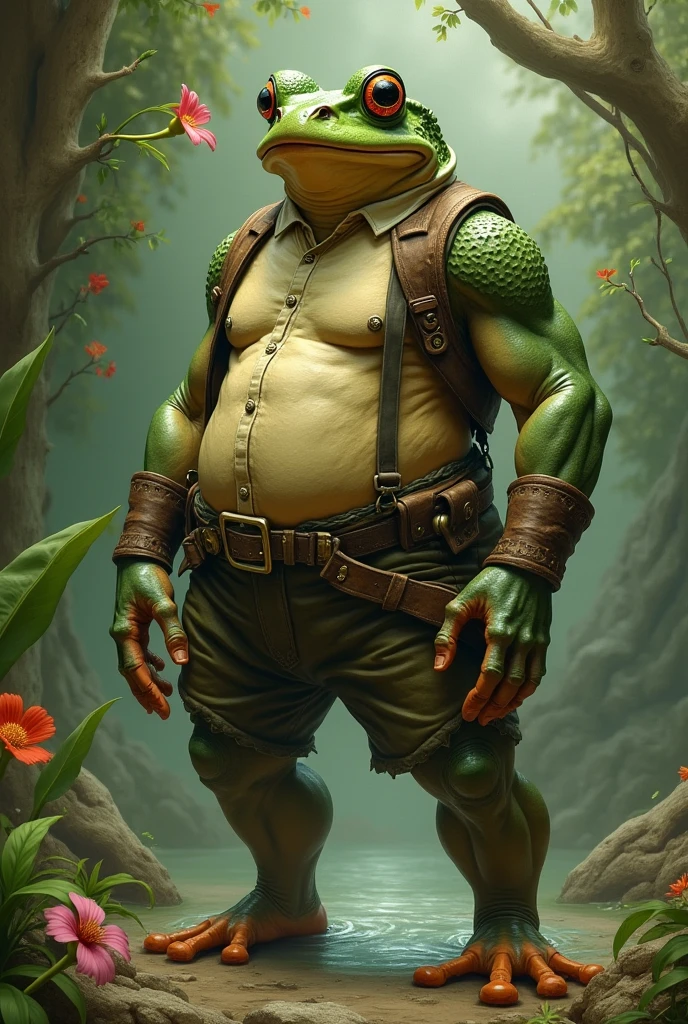 Muscular frog wearing a firefighter helmet, carrying a fire axe