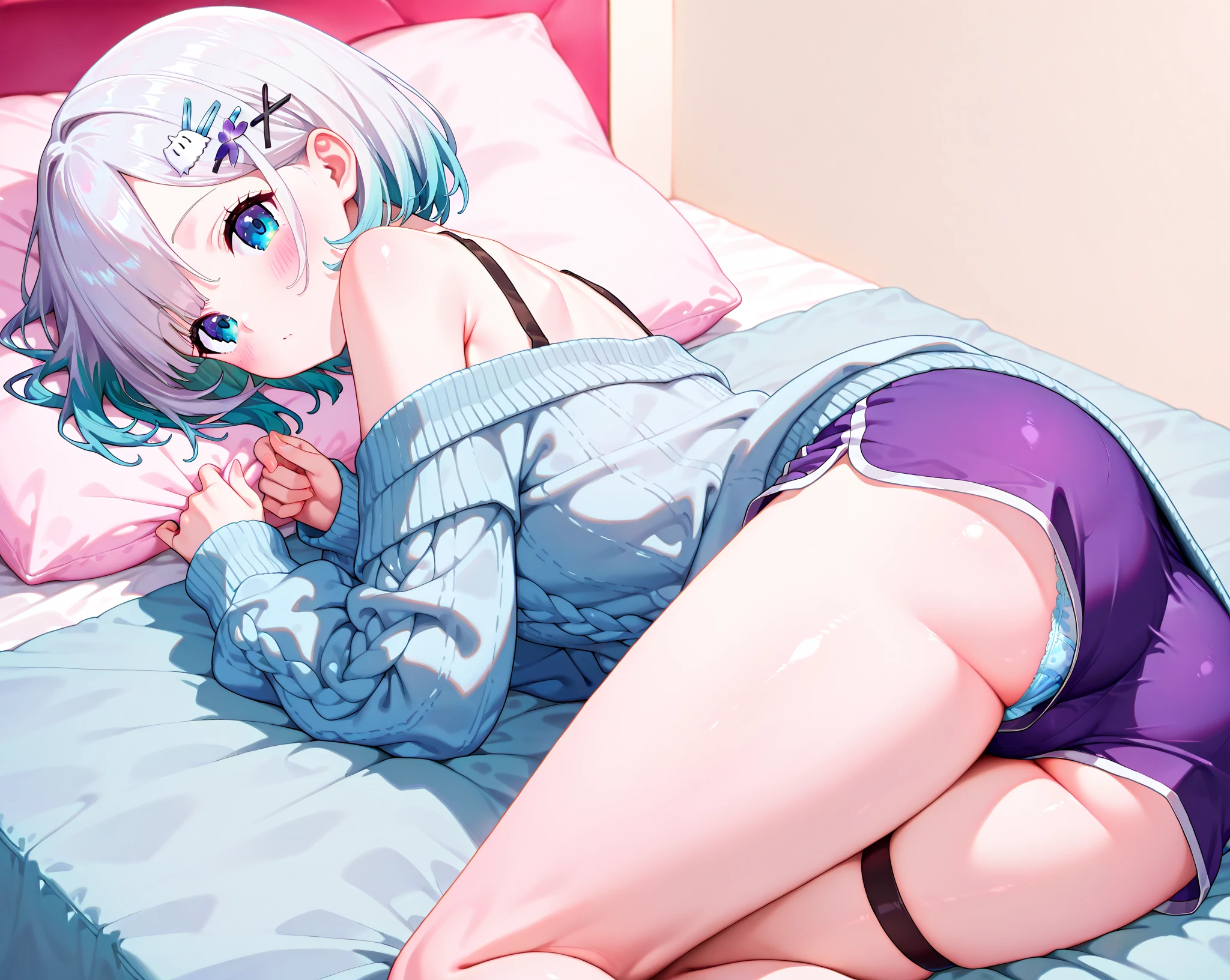 Naked silver-haired small-breasted girl inserts a dildo in her anus