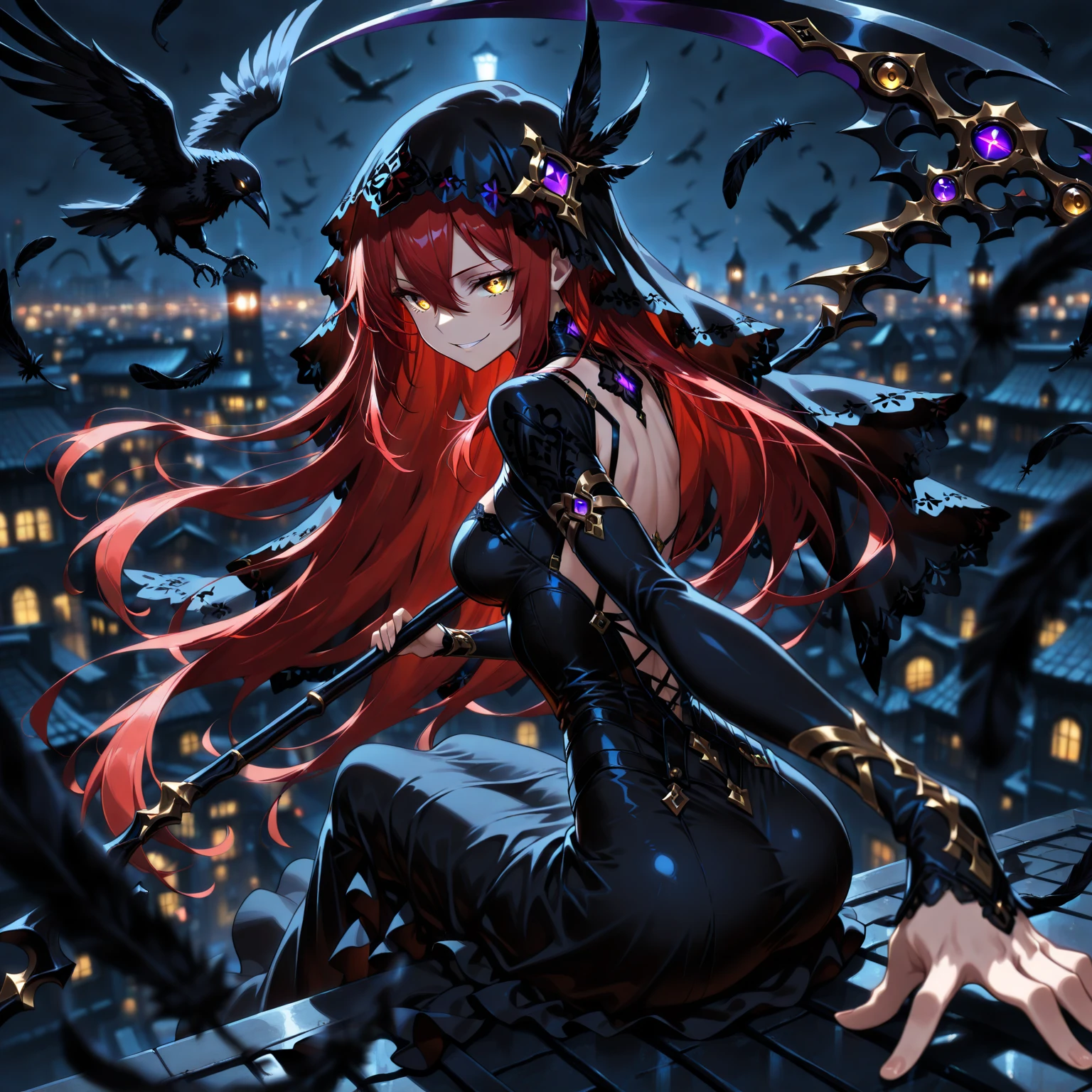 1 girl , golden eyes , very long hair , long sidelocks, red hair, petite , very cute , beautiful ,Straight hair, cool, handsome, hair between eyes, sexy, female, medium large breasts, upper body, (dark theme :1.3) ,dark dress, silhouette ,lace, veil , evil smile , seductive smile, crow, Black feathers, (cinematic lighting, feathers :1.3) , looking back, Caucasian, (shiny outline, depth of field , blurry background , blurry foreground :1.3), looking back, sitting on a rooftop, city in the background, (foreshortening, dynamic pose:1.5), weapon, scythe, holding scythe, scythe black with purple glowing ornaments, scythe tilted backwards,