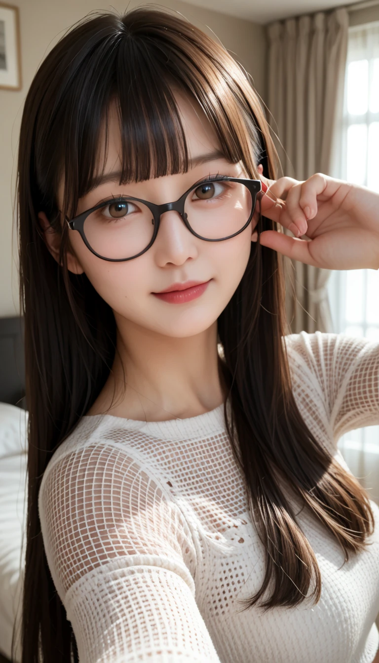 ((japanaese girl)), 8K, Raw photo, Best Quality, ultra-detailliert, Ultra High Resolution, Realistic, photographrealistic, high-definition RAW color photography, professional photograpy, Extremely detailed, 8K Wallpaper, amazing, finely detail, Huge file size, extra detailed face, extremely detailed eye, highlydetailed skin, extremely detailed fingers, highly detailed nose, highly detail mouth, Perfect Anatomy, Highly detailed background, Realistic body, Good figure, blown hair, (Medium Hair), Cute face, Photography, (Happy smile), Perfect Skin, Perfect Anatomy, Large breasts, (Round glasses), (knitted sweater), (Mole), ((monaco)), high-angle shot, swept bangs, Full body shot,