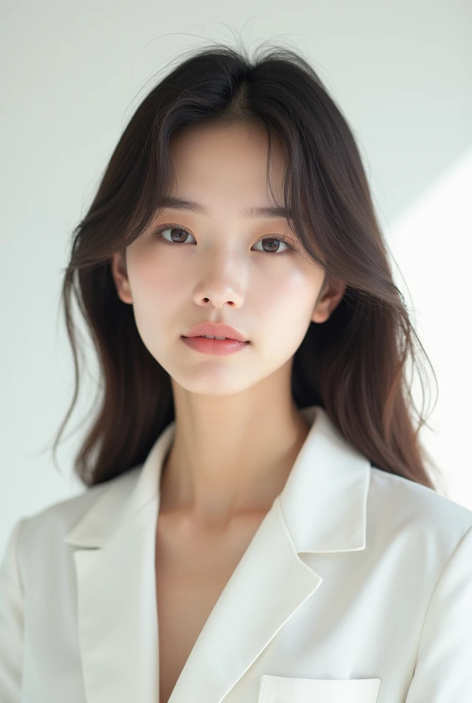 southeast Asian woman, Age 20-30 years old, slim woman, collar bone, brown hair, small breast, young professional look, wearing formal attire, color white blazer, color white inner shirts, smiling on the camera, decent looks, angel face, close up shoot, perfect lighting, indoor studio, white background, photo studio, Photography, professional photography, photo studio, stock image.