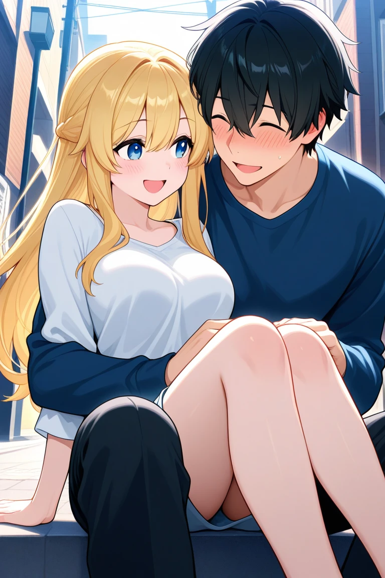 1 man, Black hair and blue eyes,1 Women, Blonde hair and blue eyes, married couple, in a house sitting in furniture chair
