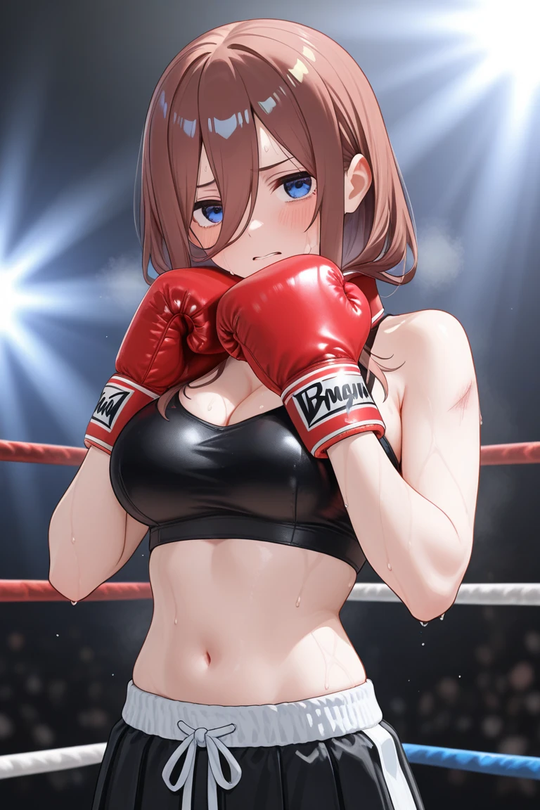 (kinako_(shiratama_mochi) style, ((topless)), nsfw, masterpiece, 1 girl, solo, erect nipples, intricately detailed, navel, bare shoulders, brown hair, boxing shorts, boxing ring, gym, boxing, boxing gloves, extremely detailed, bare breasts, puffy nipples, green eyes, bare stomach, sweaty, medium breasts, arm strap, cowboy shot, , soft eyes, open mouth, short hair, cg masterpiece, cowboy shot
