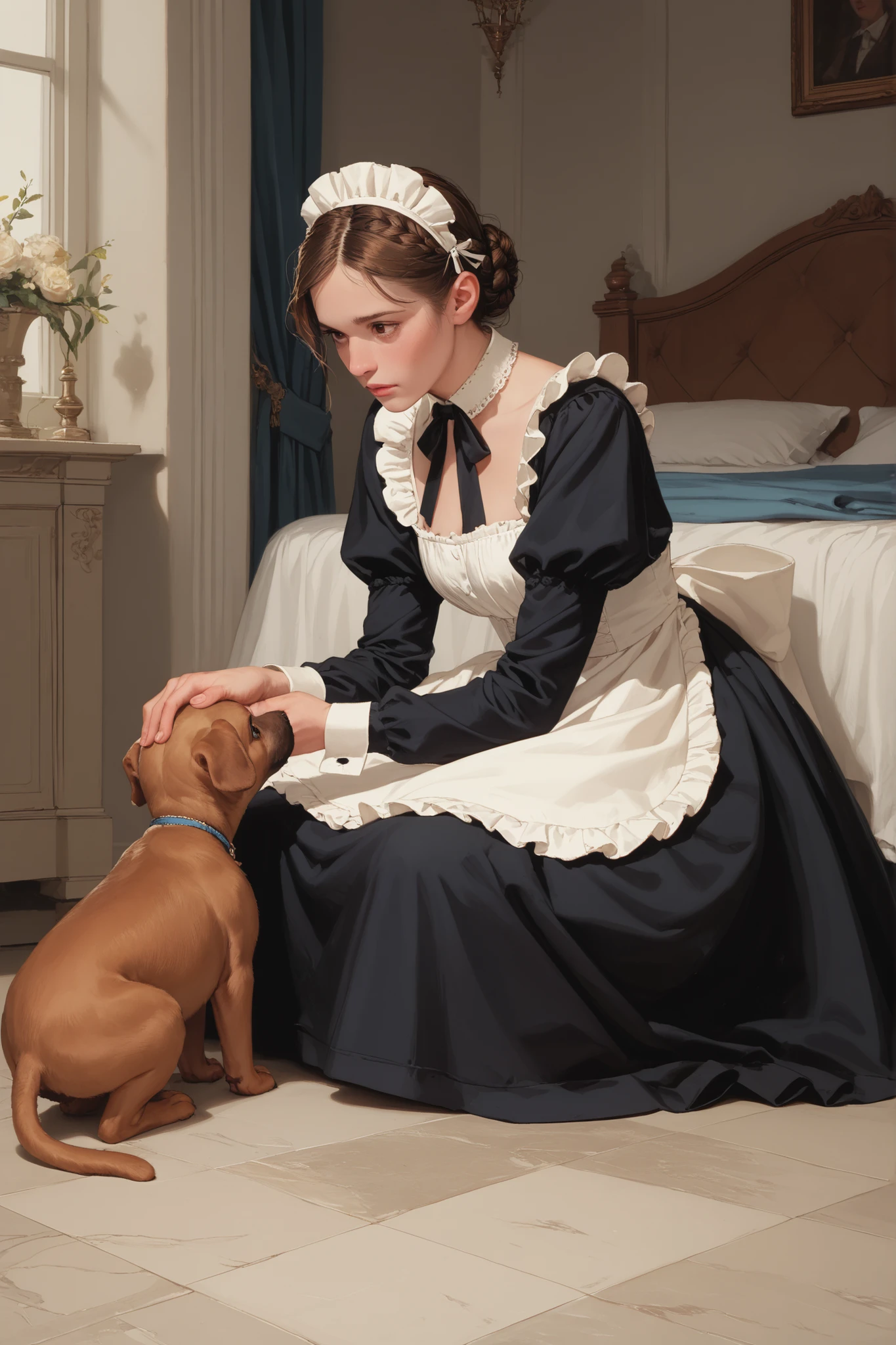 youth caucasian female,brown hair French Braid Low Bun,dark brown eye color,Perfect body, A Maid's headdress is worn on the head,She is dressed in a Victorian maid's outfit. She is crouched down, petting a puppy on the ground. The background is in the garden in front of a luxurious mansion.