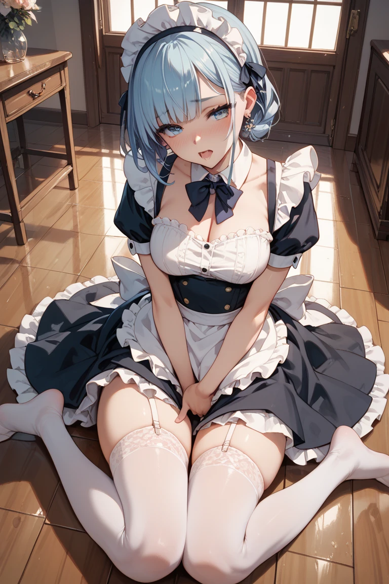 1girl,solo,BAPV,pink thema,yellow thema,blue thema,red thema,gray thema,Toki,maid_headdress,blue_bow,maid,bow,white_apron,maid_apron,blue_eyes,belt,short skirt,white thighhighs,high heels,dynamic angle,