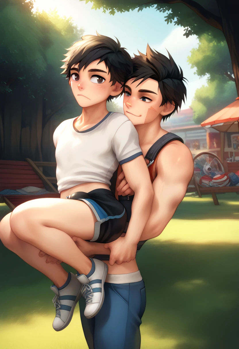 fellatio, oral, a naked standing boy holding the head of a kneeling boy in shorts in front of him, grab hair, grab head, hands on head, a boy in shorts sitting on the ground in front of a naked standing boy and sucking his penis, a boy in shorts kneeling on the ground and pushing his head towards a standing naked boy's crotch, a boy in shorts sitting on the ground with his mouth wide open in front of a naked standing boy, 2 boys, side view of 2 boys, thin boys, slim boys, normal physique, slim physique, thin physique, two characters, two males, fully naked, shorts, erect, hard, bulge. stylized, illustration, digital art, Lively and cute boys, Textured skin,best qualtiy,Storytelling images,masterpiece,A masterpice, , shirtless, at the campfire, at night, in the forest, in the woods, trees, wooden shed, river, erection, blushing, shota, (Libido Boy, Shota), erection, blushing, shota, young, small, cum, cumming, cumshot, standing in front of, naked, blowjob, deepthroat, suck penis, suck dick, oral sex, suck off, sucking, thin, moe fang, cute fang, sly expression, sweaty, very sweaty, hot, hot air, sweating, wet, looking at viewer, 2 boys looking at viewer, blushing, blush,(backbone:1.2),the night, black skinned boys with tattoos, pink hair,