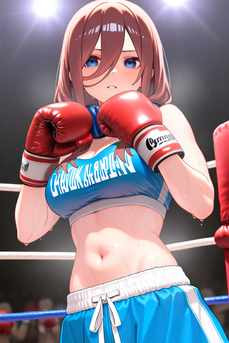 Sayori and Natsuki, from the video game "Doki Doki Literature Club", find themselves in a fighting stance inside a boxing ring. Both wear tight-fitting boxer outfits that are of different colors. Sayori wears a light pink outfit, while Natsuki wears a purple one. The suits have a classic boxing design with shorts and sleeveless jackets. Their boxing gloves are of different colors, bright red for Sayori's and dark blue for Natsuki's, and they are ready for combat. Both girls have aggressive stances, feet apart and knees slightly bent, ready to throw a punch. The environment that surrounds them is typical of a boxing ring, with the ropes delimiting the space and the spectators in the stands. Despite the fighting situation, Sayori maintains a focused and determined expression, while Natsuki seems to be a bit more nervous and tense. Both are ready to face their opponent and give their best in combat.