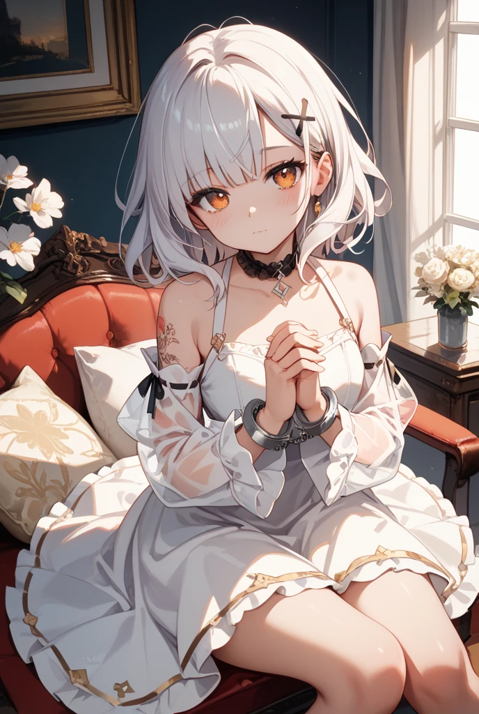 masterpiece, best quality, girl, medium hair, white hair, masturbation,