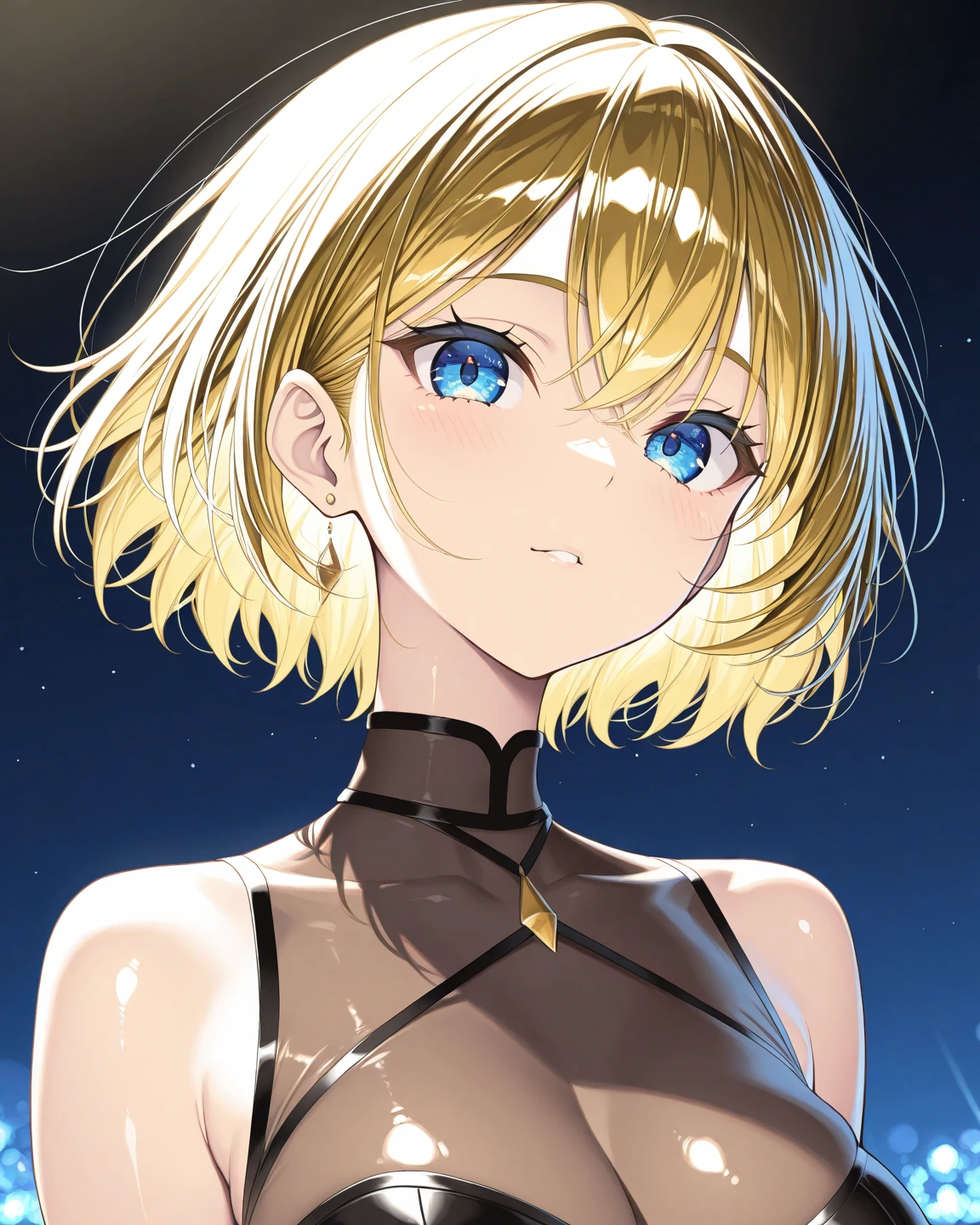 Anime girl, blonde short shoulder-length hair, blue eyes, black t-shirt
