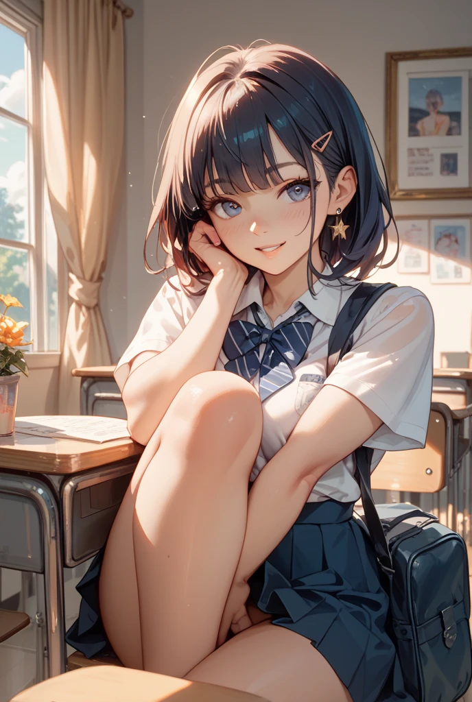 The ultra -The high-definition、high-level image quality、top-quality、Full feet and hands、complete fingers、hi-school girl、1 persons、ssmile、Bery short hair、Sukusui、School swim wear、knee high、‎Classroom