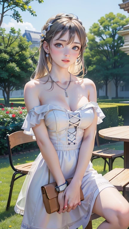 Aerith Gainsborough Final Fantasy VII remake, (masterpiece, best quality:1.4), (future days), (sit on the grass), (full of white flowers), (1girl), solo, (european youth:1), aerith gainsborough, choker, cropped jacket, hair bow, bracelet, pink dress, brown boots, very long hair, hair ribbons, hair flowers, strapless red dress, high heels hyperrealistic, high detailed skin, dslr, soft lighting, high quality, highly detailed face, highly detailed skin, skin pores, subsurface scattering, realistic pupils, medium breast, full face blush, full lips, detailed background, depth of field, volumetric lighting, sharp focus, absurdres, realistic proportions, good anatomy, (realistic, hyperrealistic:1.4), 16k hdr, show nipples, medium breasts, show vagina, wide open legs:1.6.