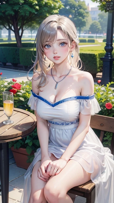 (smile)、Young Female 1、pretty girl、(Narrow eyes、blue eyes、nose、Your lips are beautiful)、smile、Big Breasts、Focus on the arms、Focus on the hands、Focus on your fingers、Silver blonde medium long、Smooth Skin、(White Dress、Strapless dress)、Off the shoulder、Earrings、necklace、 Natural beauty、Outdoor、garden、blue sky、(Rose Garden、Red and white)、Scenery of a park with seasonal flowers in full bloom、There are chairs and a table、Knee-high shot, Looking at the audience、( highest quality、High resolution, 8k, masterpiece),