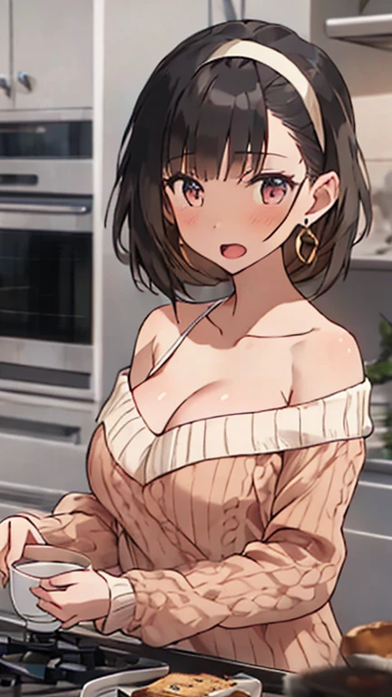 masterpiece, yor, 1girl, Amazing Cleavage:1.3, thin waist, big ass, Raised sexy, medium breast: 1.8 posed cleavage:1.2、solo, looking at viewer, open mouth, have a cup of coffee,black hair, red eyes, dress, bare shoulders, jewelry, collarbone, sidelocks, hairband, earrings, indoors, off shoulder, :o, sweater, arms behind back, plant, short hair with long locks, white hairband, off-shoulder dress, sweater dress, off-shoulder sweater, red sweater, big side hair, very long side hair,is rendered in (masterpiece: 1.2, best quality), with (ultra high resolution) and an exquisite (depth of field). This masterpiece is not only visually stunning but also tells, make of cake cooking ,in the kitchen
