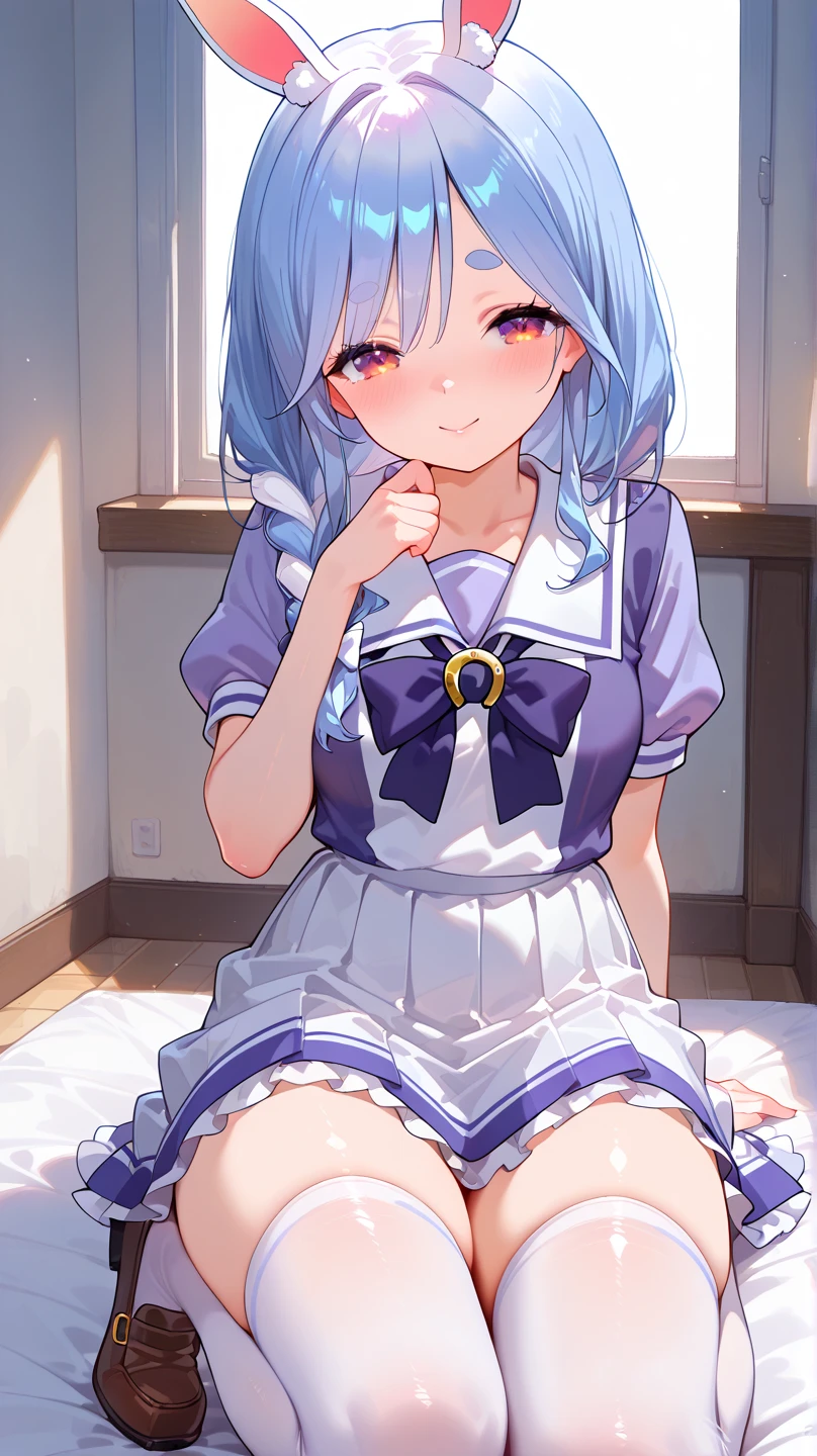 ,vivid colors,spoken heart, white knee socks,open mouth,steam,looking down,Fluffy sleeves,( huge breasts:1.4)、(Grabbing the breasts through the clothes)、looking away,Used Pekora,Drooping rabbit ears,twin lightblue braid in carrot,white sailor costume,white sailor miniskirt,White Belt,brown cute eyes,closed eyes,kawaii,,baby face, pussy juice, Sitting on the floor,bed room,(Touching a beautiful vagina、masturbation:1.5),,Short sleeve、(toddler:1.8)、(:1.5),side view