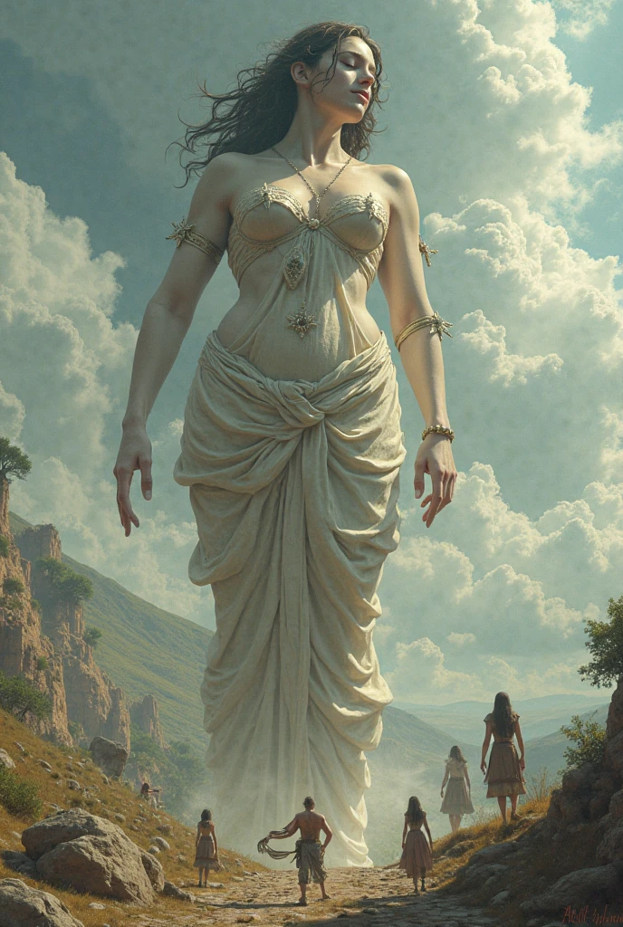 **Aphrodite the most beautiful Greek goddess made of gray stone with cracks. A beautiful, delicate, toned and unique body. In the background a thick fog around, a red lightning in the sky illuminates the fog. In the background there are black mystical mountains, bright colors, high contrast of shadows, dark atmosphere, view from above. High resolution, mysticism+coherent and ultra-realistic.**