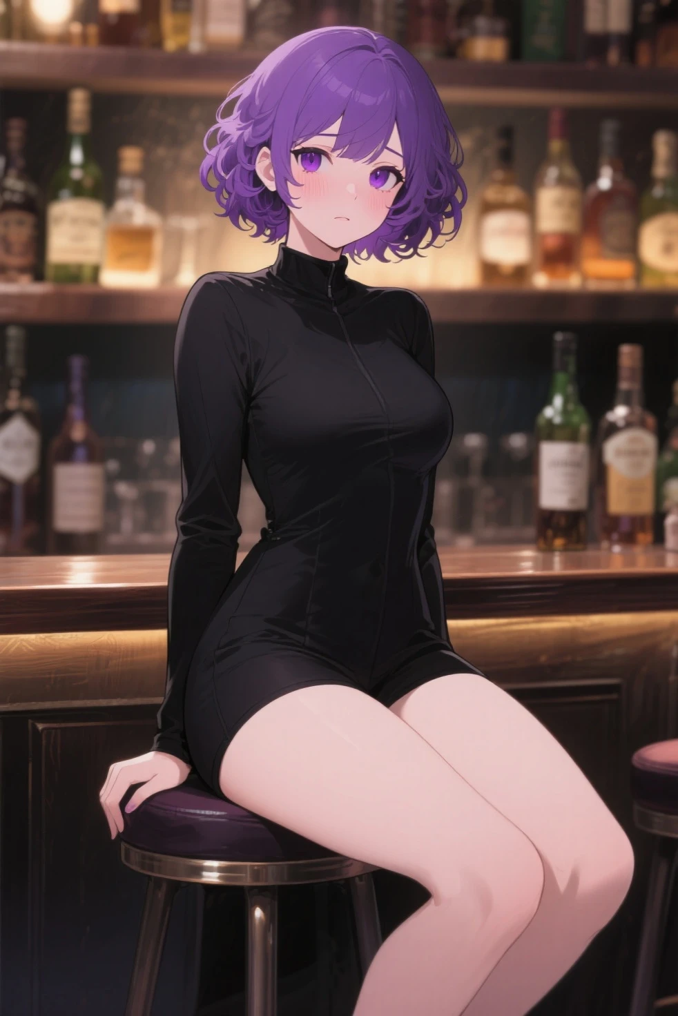 Ridiculous resolution, Ultra-detailed, Best Quality, Illustration, 8K, 超A high resolution, 细致背景、Delicate drawing、17-year-old beautiful girl、Deep ash hair、inner colored、Pixie Short、Forehead、eye glass、Short、Tiny、Pin Heel Midnight、 slender, cum in ,straight haired、Short hair, Slender eyes , Leather Turtleneck Dress、Pin Heel Sandals、beauty legs、((Drunk)),
holding beer bottles、Stand by the Night、Purple light-up, starrysky、nighttime scene、Super beautiful backgrounds、A detailed face、Realistic Girl