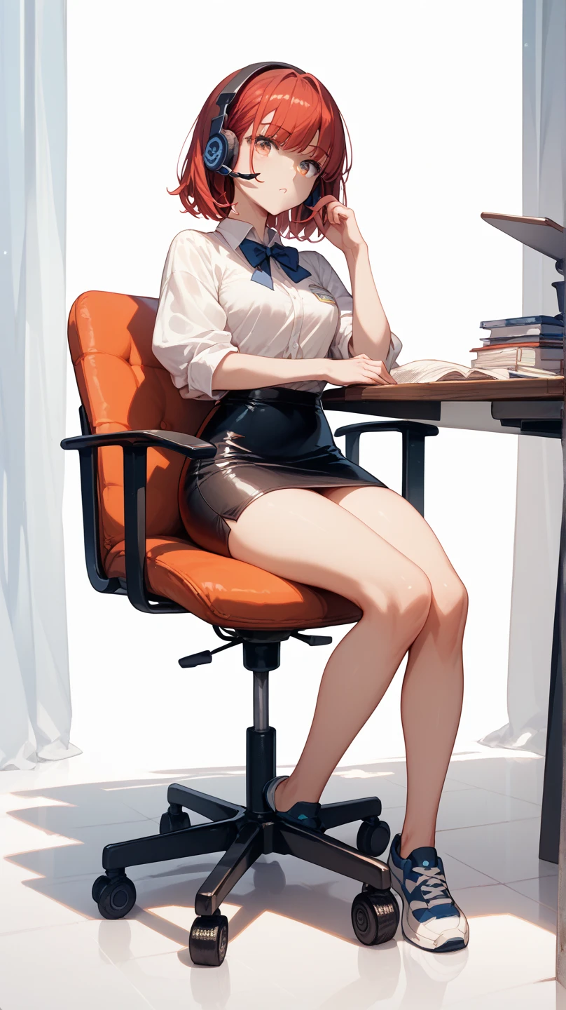 (masterpiece), 4K,woman,2 Foot,Long-sleeved military uniform,Small breasts,Small Ass,Curly Twin Tails,Light bulb lighting,Realistic, skinny, smile,((Wear short bloomers under your skirt)),Sitting at a desk,((Knee-length pencil skirt)),Angle from below the knee,
