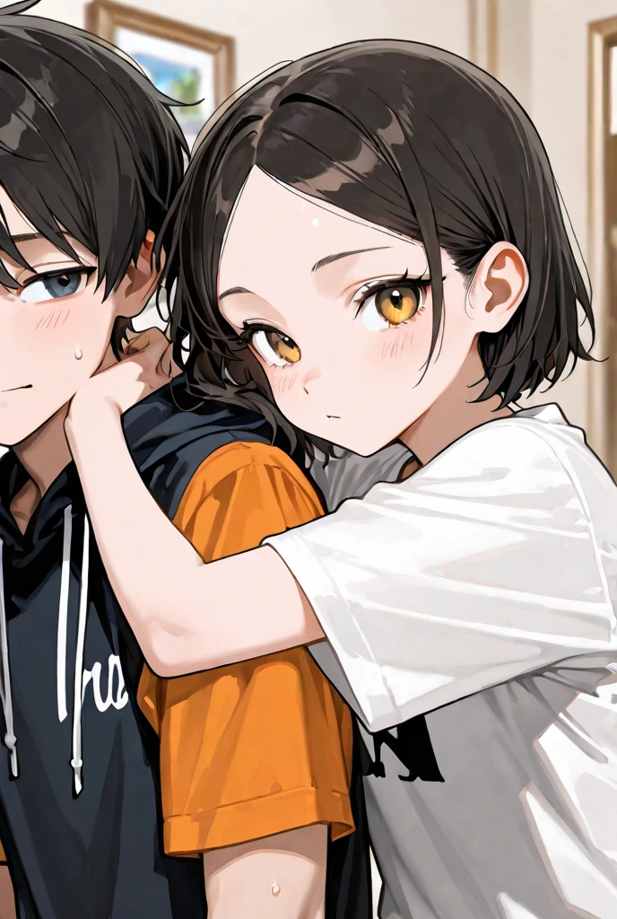 Young man with brown hair and brown eyes and orange t-shirt, along with a girl with black hair, brown eyes and white clothes with a blue dress