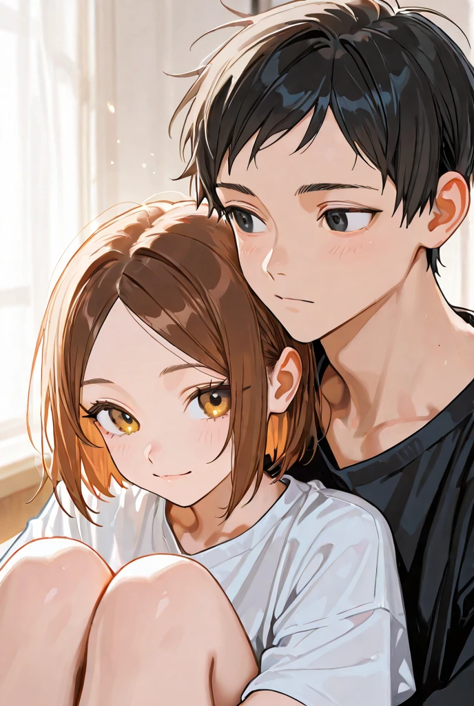 Japanese　Man and woman couple　Medium Hair　Tan Skin　Beauty　Has short hair　Handsome　anime
