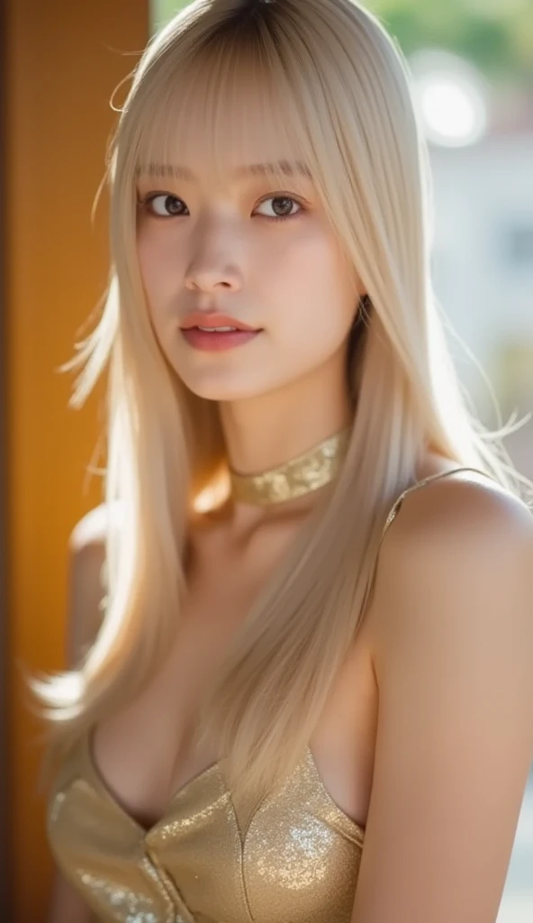 (Highest quality, 4K, 8k, High resolution, masterpiece:1.2), Very detailed, (Realistic, photoRealistic, photo-Realistic:1.37)、Private room、Japanese、Big Breasts、smile、One girl、(Completely naked)、ear piercing、Blonde with a black choker、(Hairstyle:random),Shiny skin caused by lotion、Gal Fashion、Oily skin、Sweaty skin、Full body photography