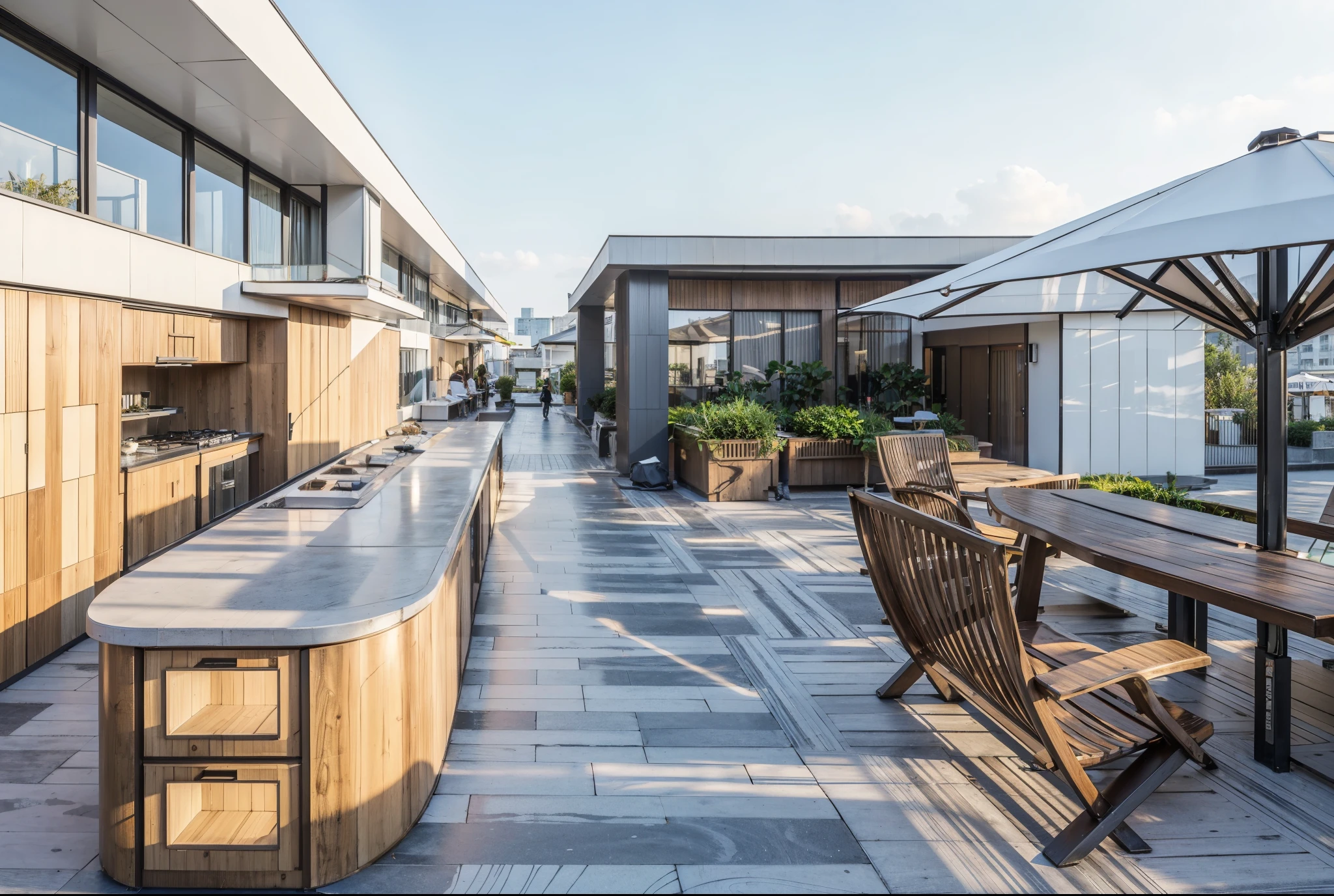 Rooftop garden cafe on 20th Apartment building . Realistic. people on walkways, roof top gardens, in acity