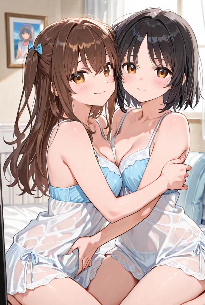 Pale brown hair,low twin tails,white dress, cute ,laughter,topless
